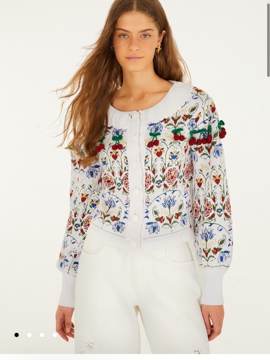 FARM Rio Sweaters - Nwt FARM Rio Garden summer Knit Cardigan floral embroidered cherry pom-pom $300